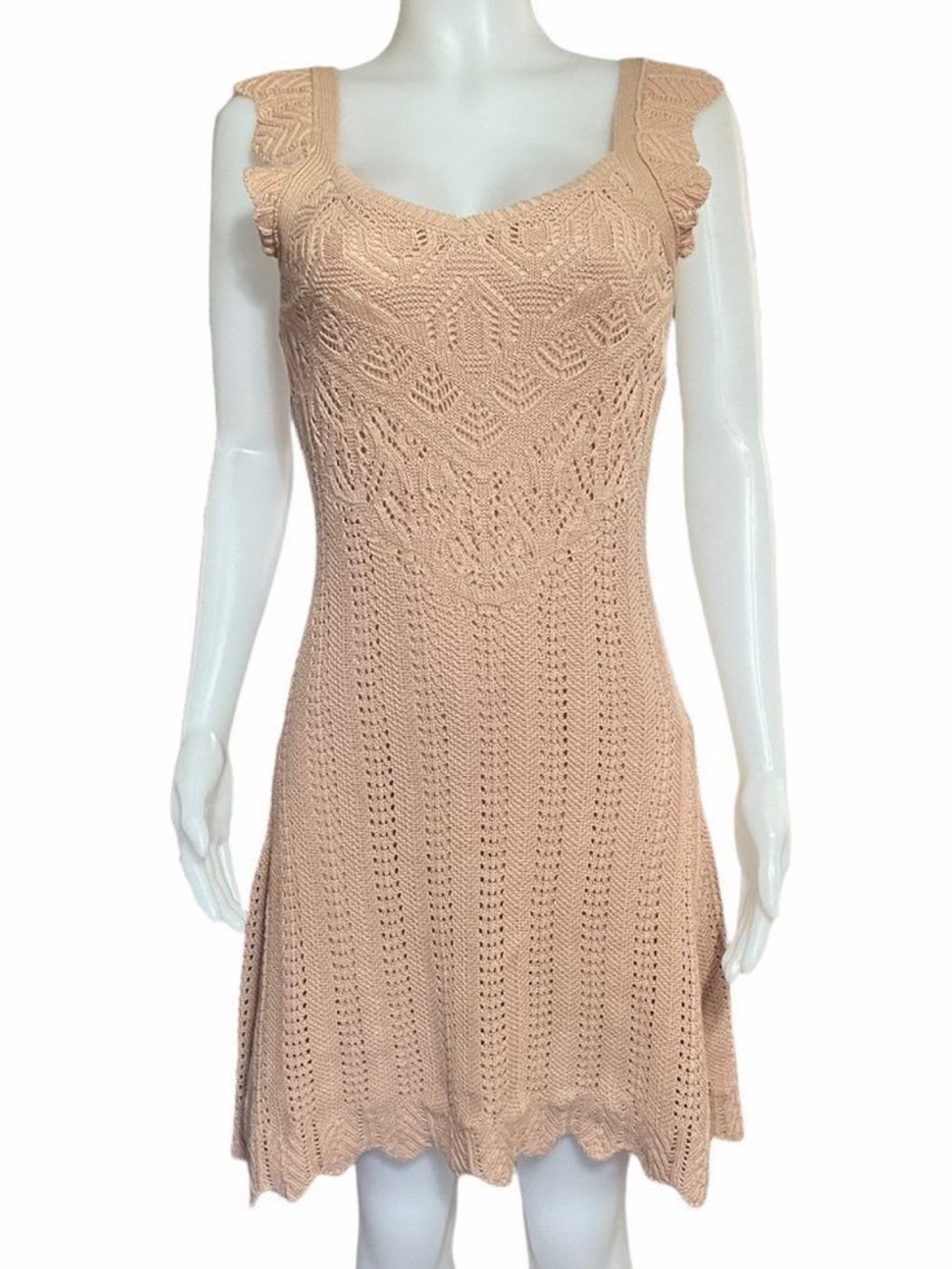 Freshman Peach-Beige Crochet Knit Mini Dress